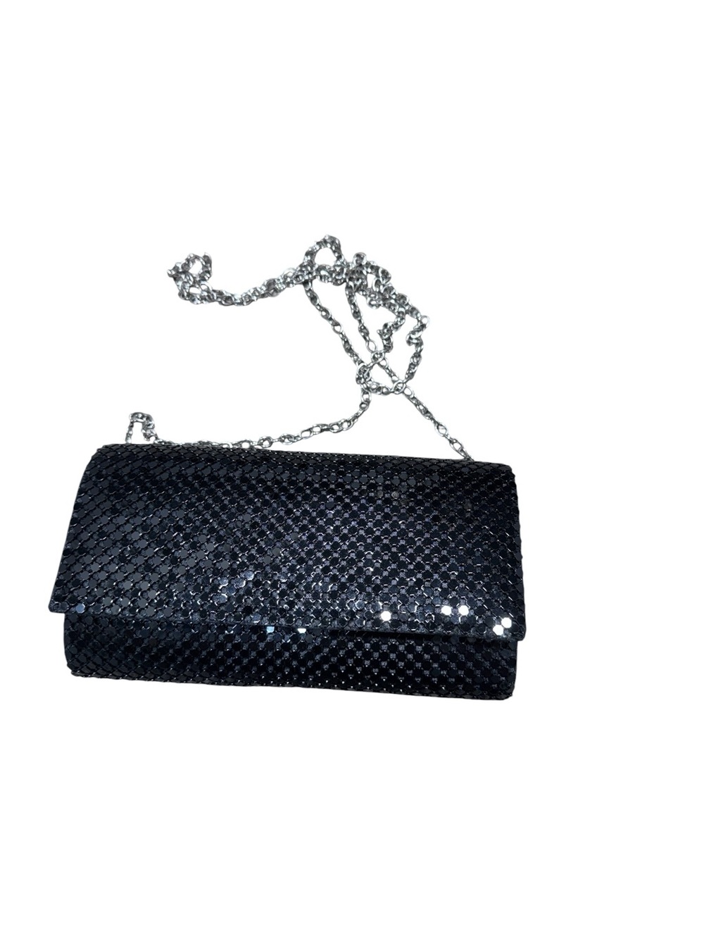 Jessica McClintock Black Sequin Evening Clutch Purse Silver Chain Strap